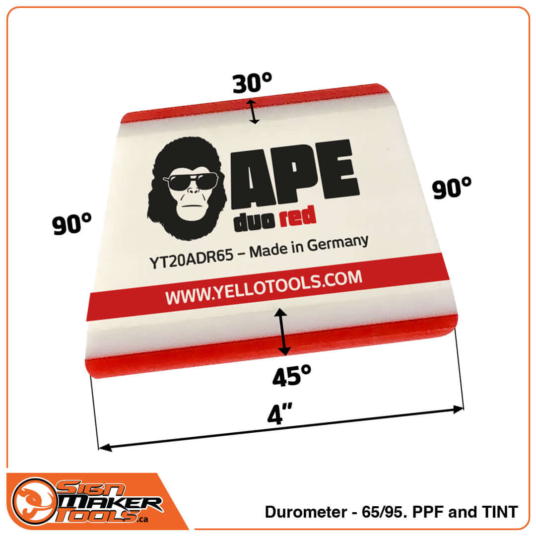 APE Duo Red squeegee with measurements and edge angles for PPF and tint installation