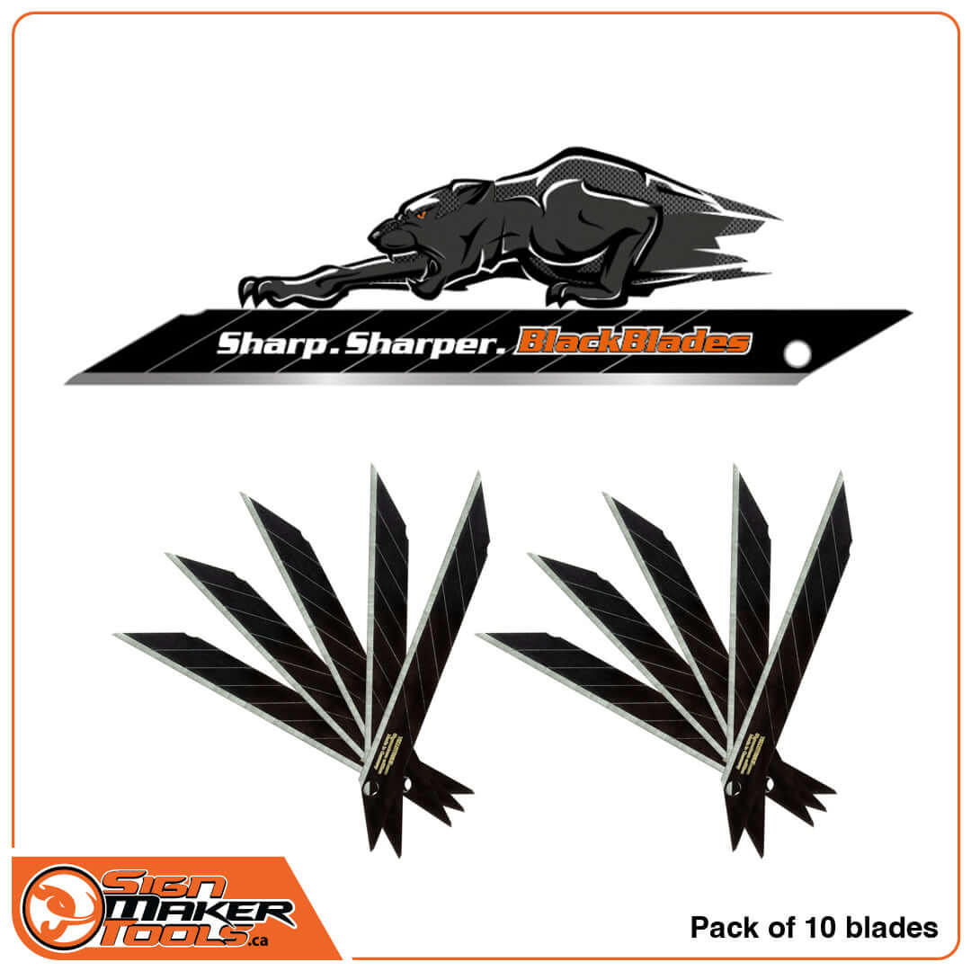 BlackBlades ultra-sharp black carbon steel blades with panther graphic and 10-pack display
