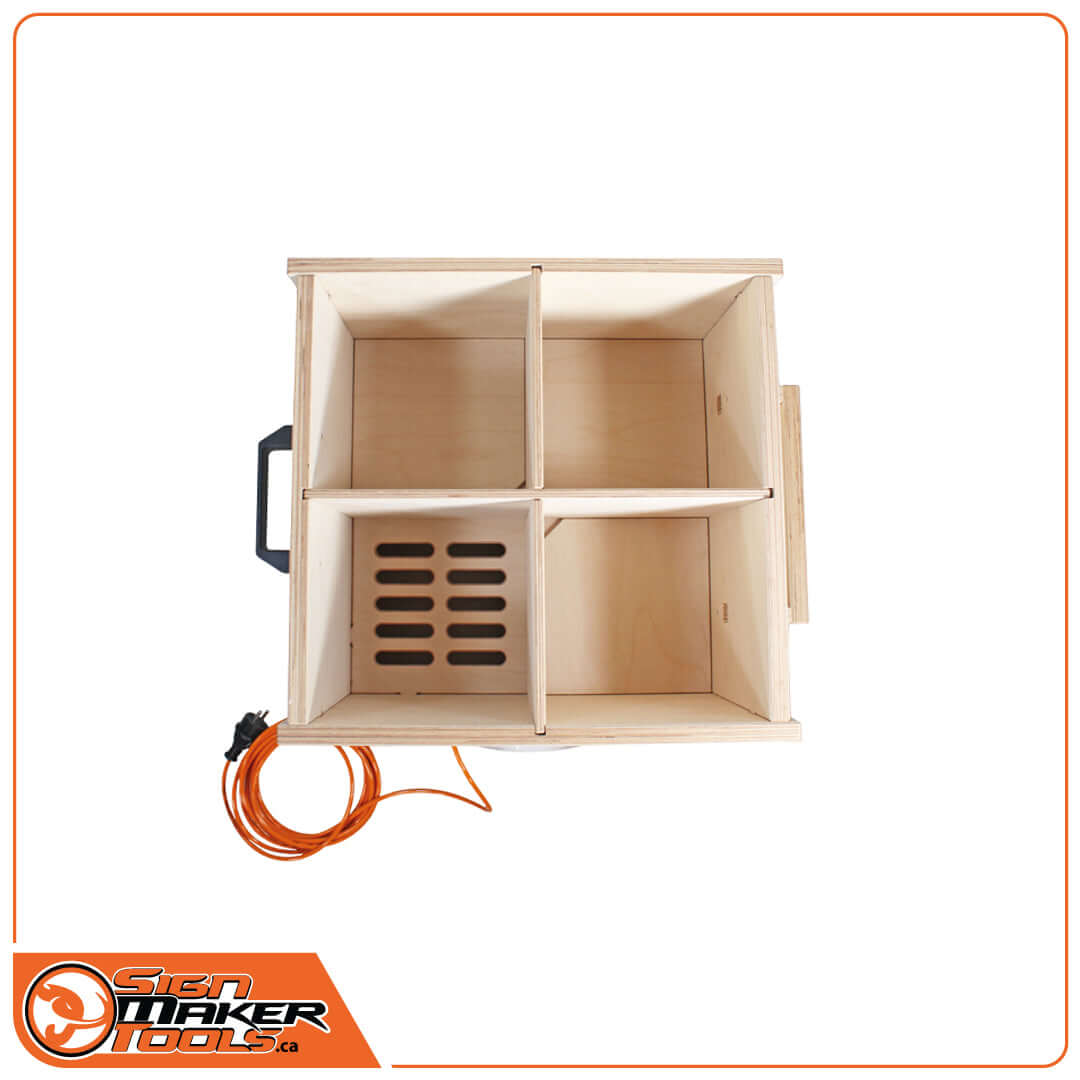 Top view of BoostBox Bucket with four compartments and orange power cord