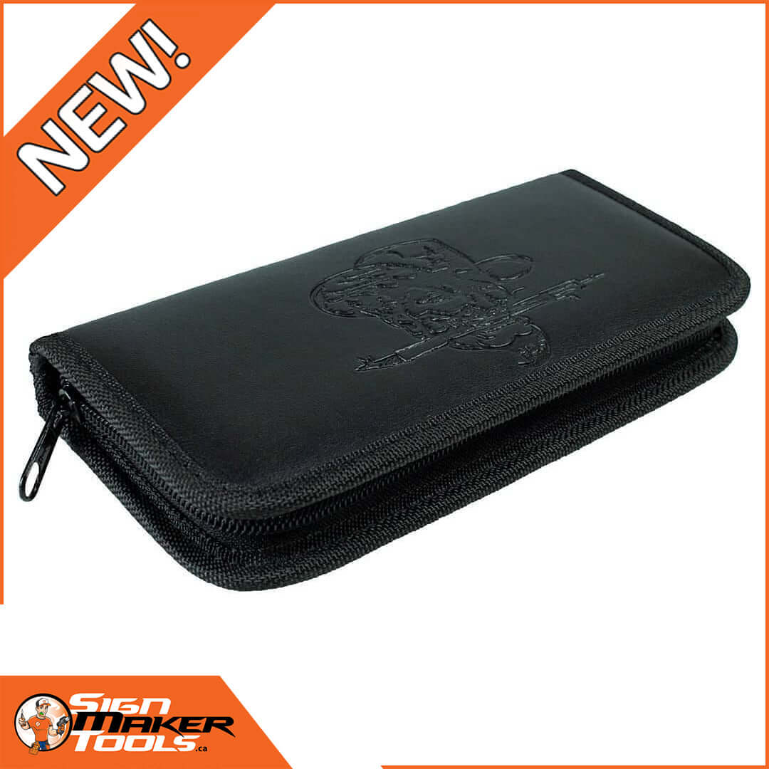 Closed black tool case with zipper showing embossed logo on the cover