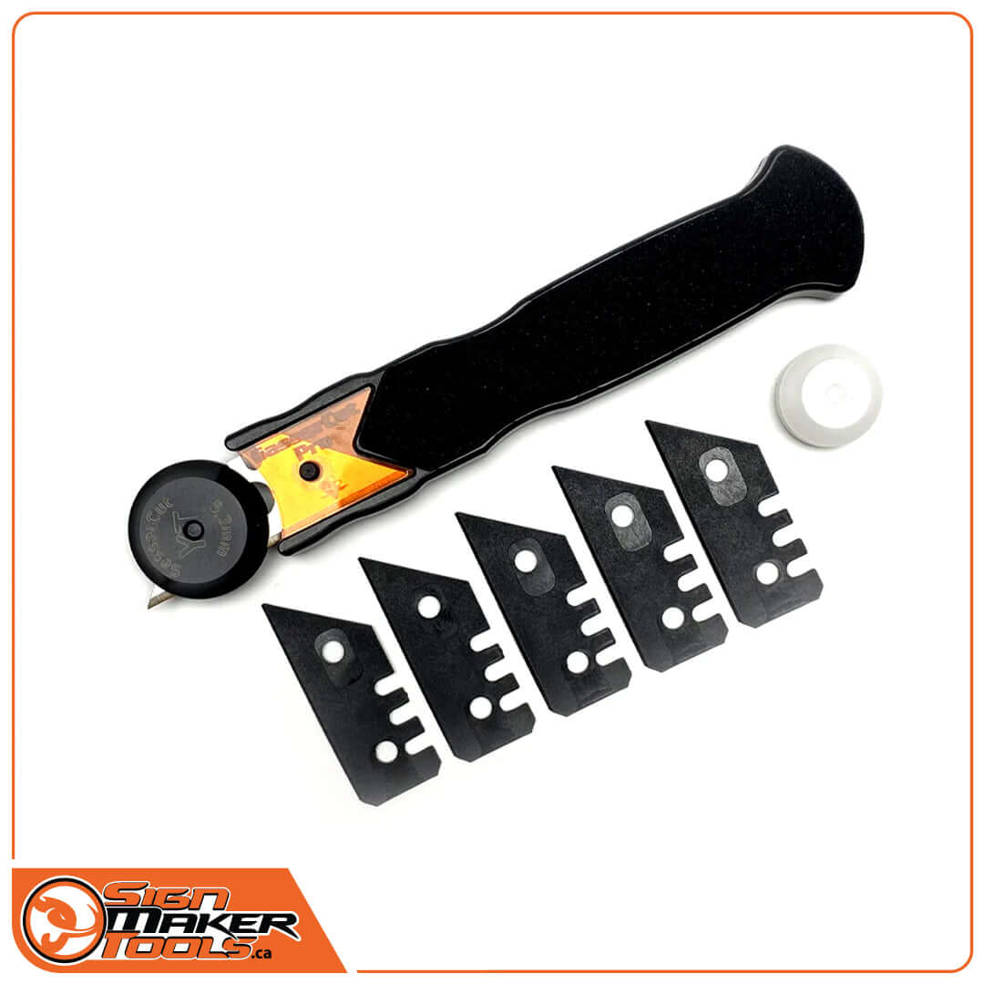 SasserCut plastic blade set with ergonomic handle, six black blades, and spare round part