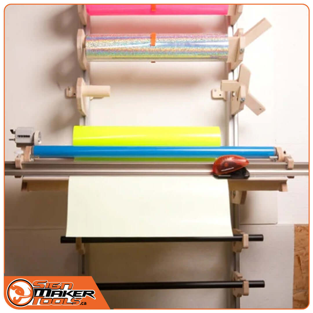 VERTIGO rack with vinyl rolls and Roll n' Cut device held by V-Bracket mounting set