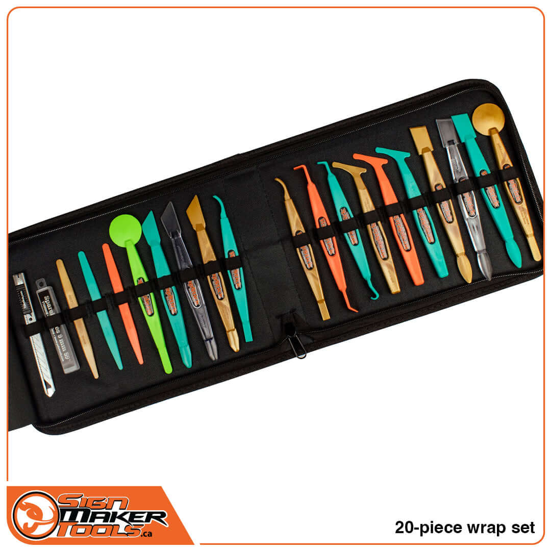 20-piece Deluxe WrapStick car wrap tool set neatly organized in open case