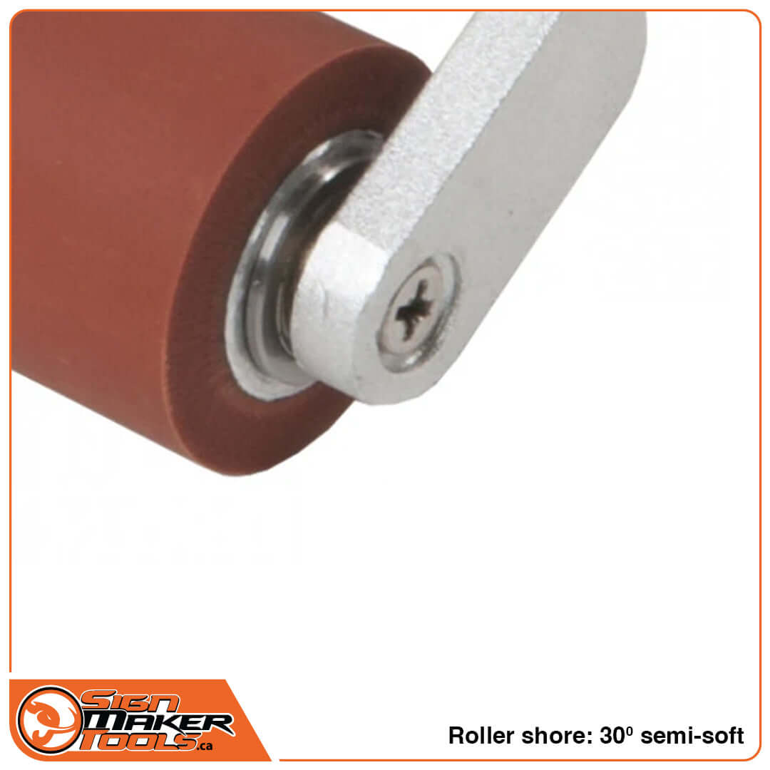 Close-up of the roller's 30 degree semi-soft shore and ball-bearing mount