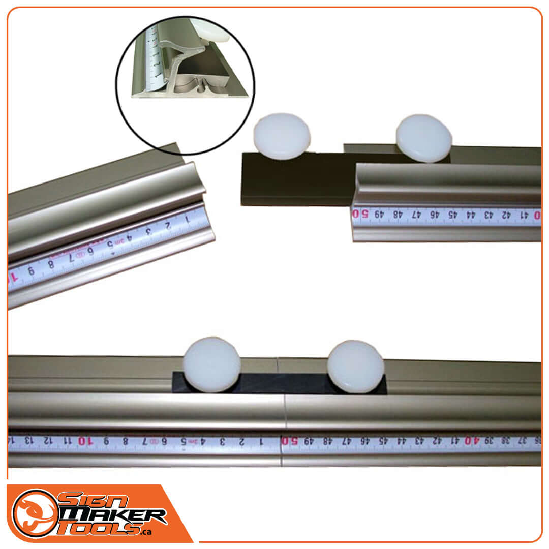 EasyLink Extension Coupler securely joining two SafetyRuler Platin cutting rulers with detail inset