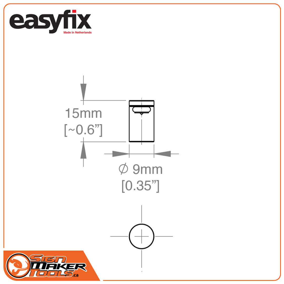 Technical diagram of Easyfix MIDI L standoff dimensions: 15mm high, 9mm diameter