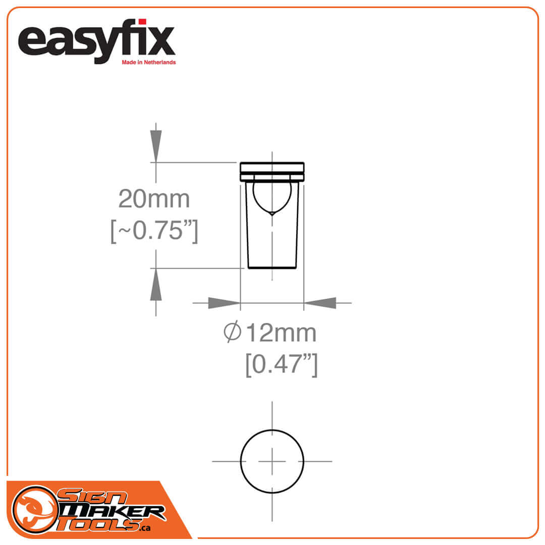 Technical drawing of Easyfix Small standoff system showing 12mm diameter and 20mm height