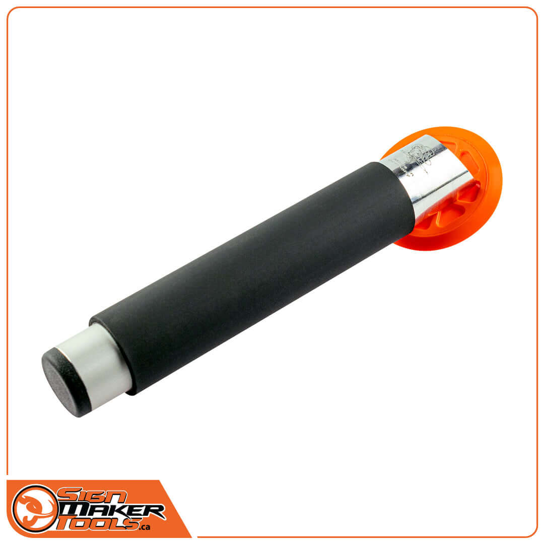 Ergonomic aluminum handle featuring a textured black overgrip and orange base