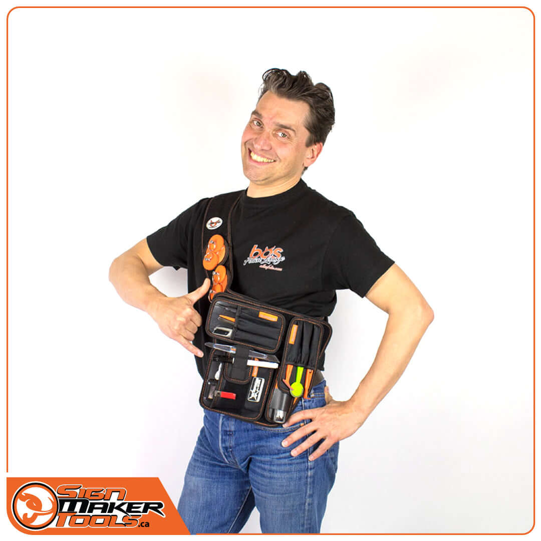 Person wearing YelloGear Pro Installer Tool Belt Set with tools, smiling and giving a thumbs up