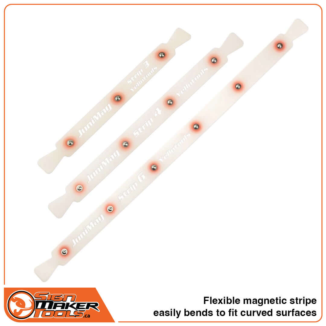 Three JoniMag flexible magnetic stripes in various sizes, designed to snap onto curved surfaces