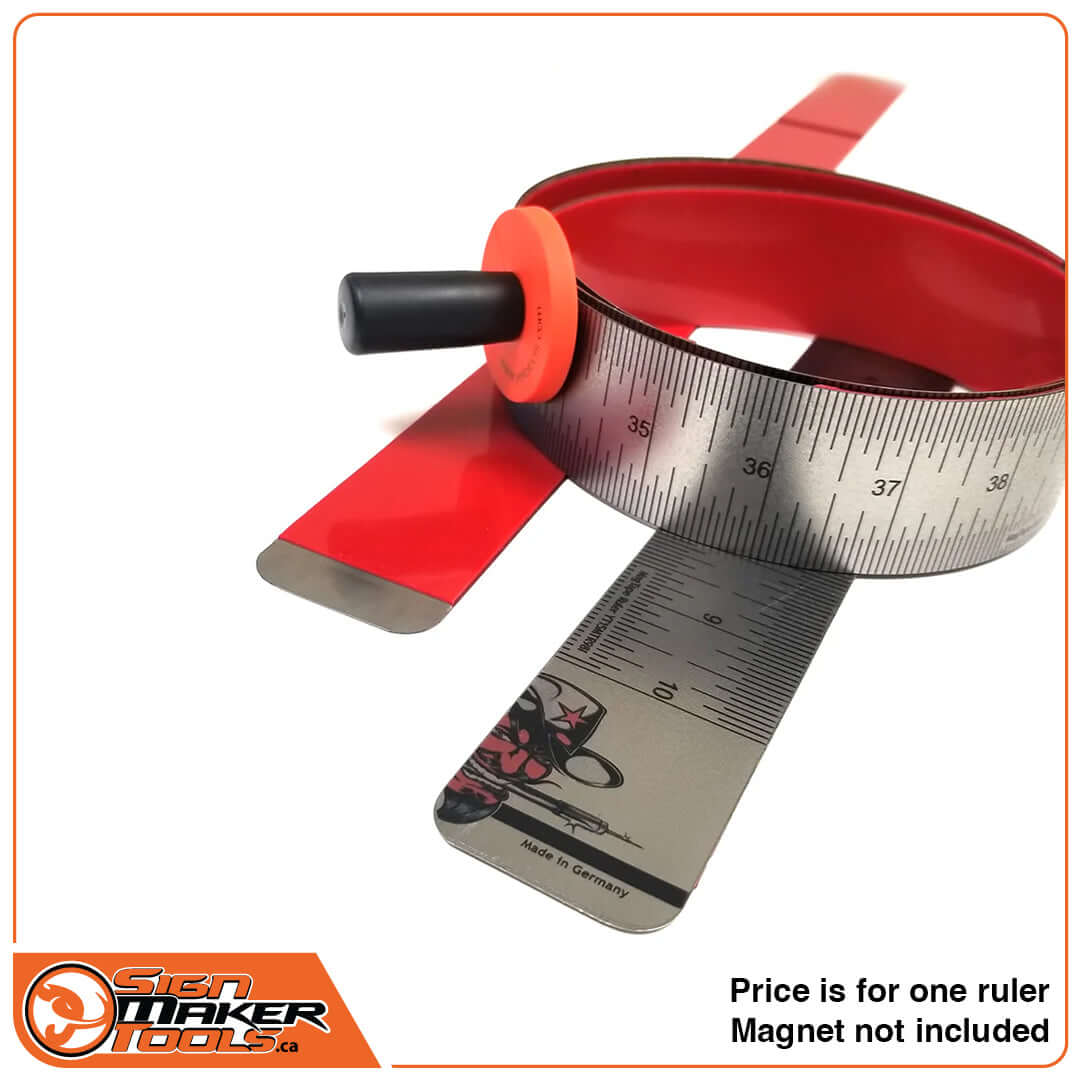 Close-up of the MagTape Ruler with micro-suction backing and magnetic positioning accessory