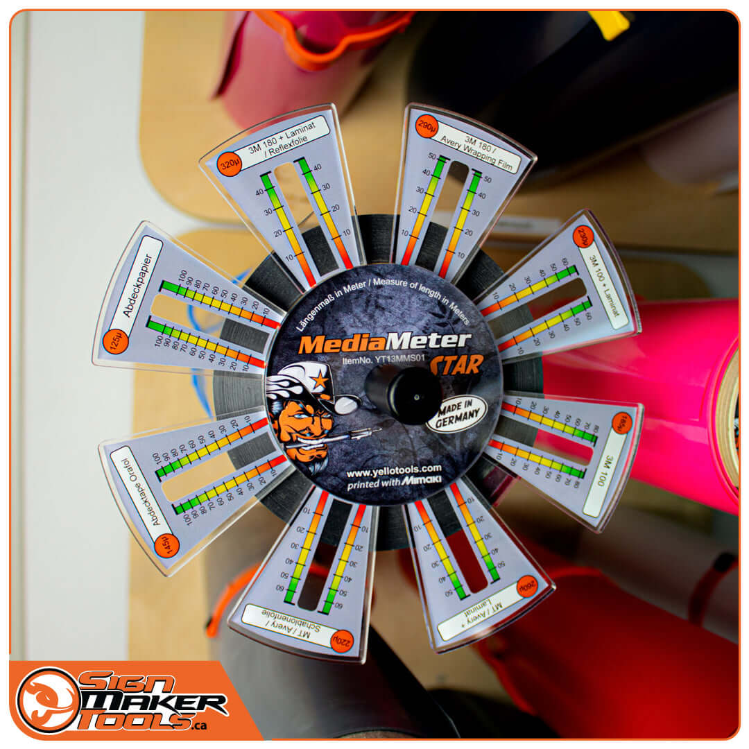 MediaMeter Star tool measuring multiple different vinyl rolls in a studio setting