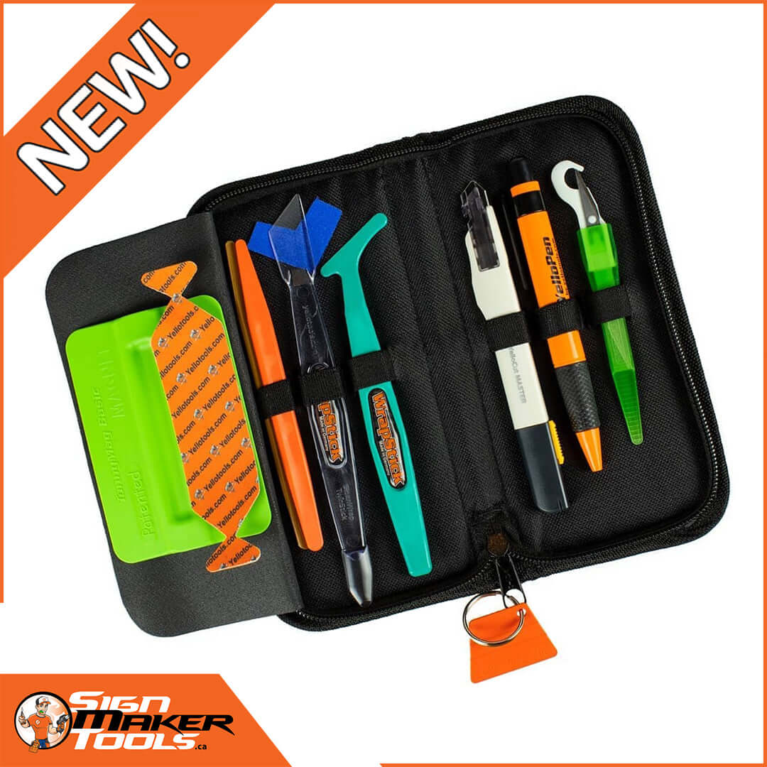 Complete sign maker tool kit organized inside an open zippered case