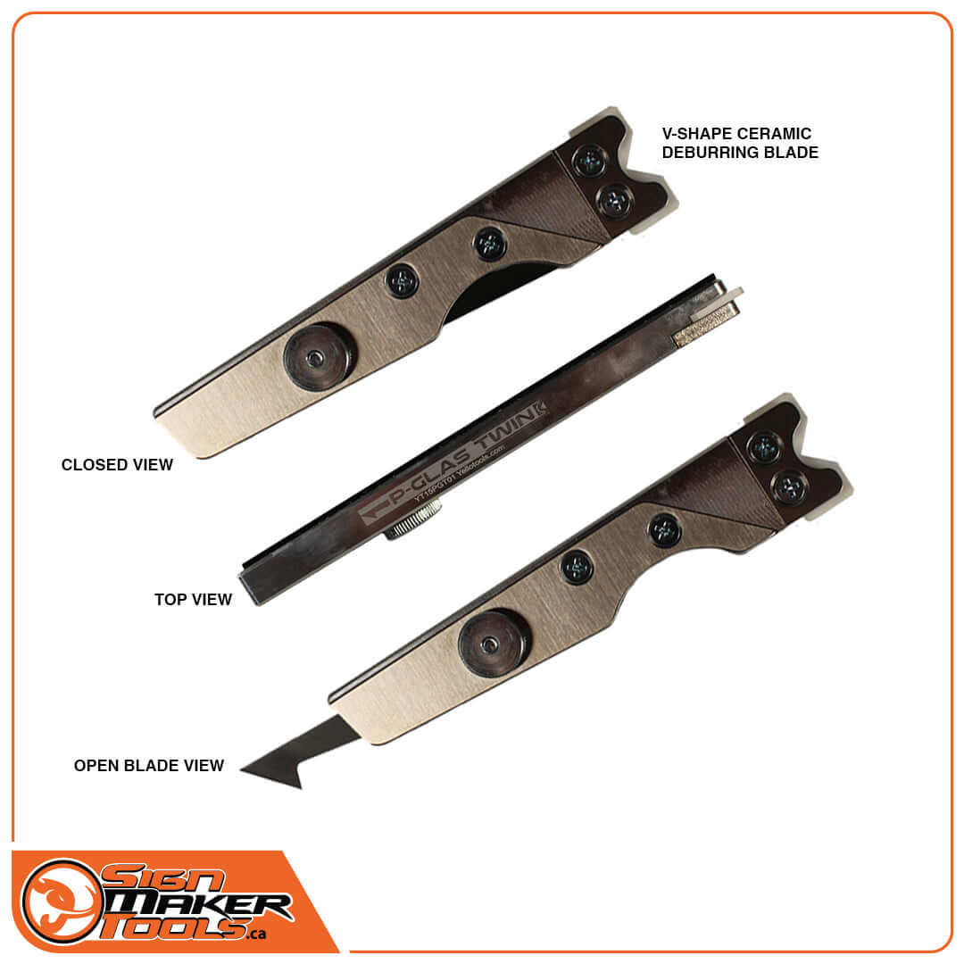 P-Glass Twin plexiglass cutting and deburring tool shown in closed, open blade, and top views
