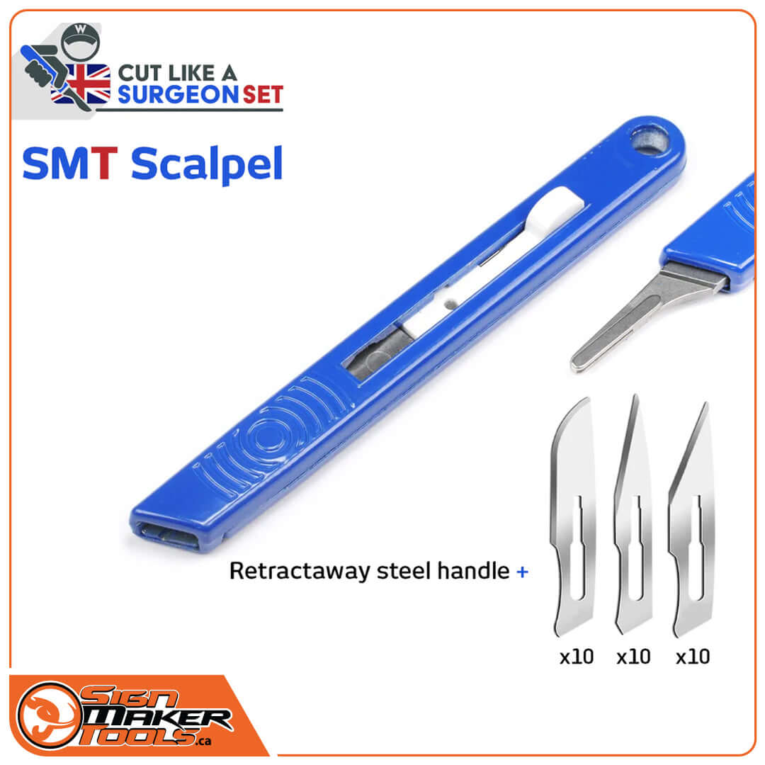 SMT Scalpel Set with retractable steel handle and 30 assorted blades displayed