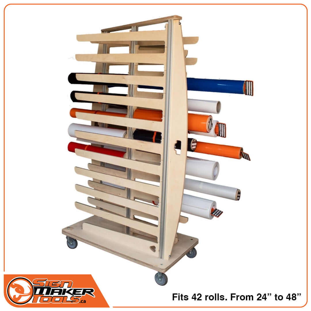 SpeedTimber Rack holding multiple vinyl rolls in assorted colors on casters