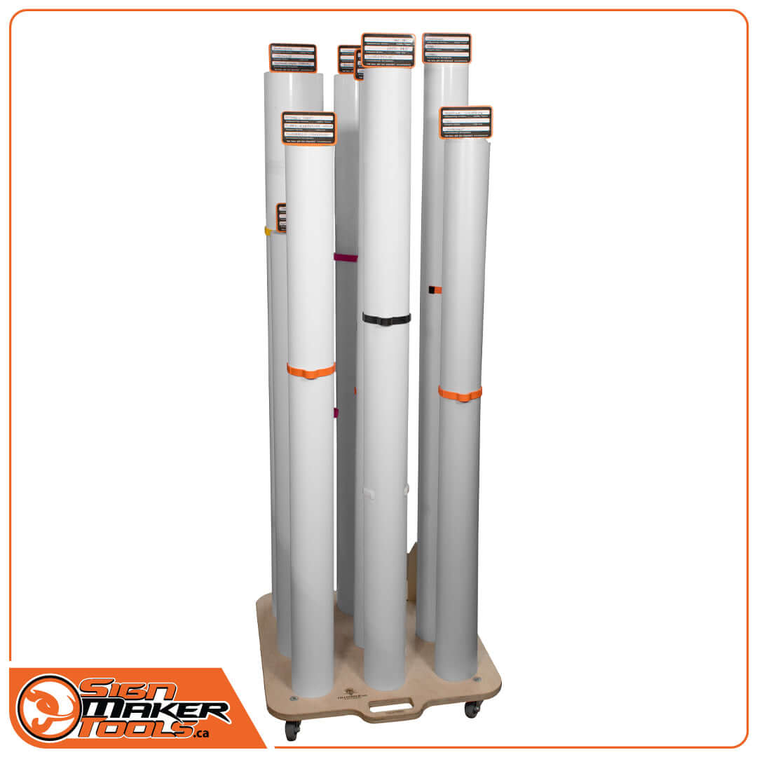 Vinyl and paper rolls neatly organized on a cart using MediaCards by Sign Maker Tools