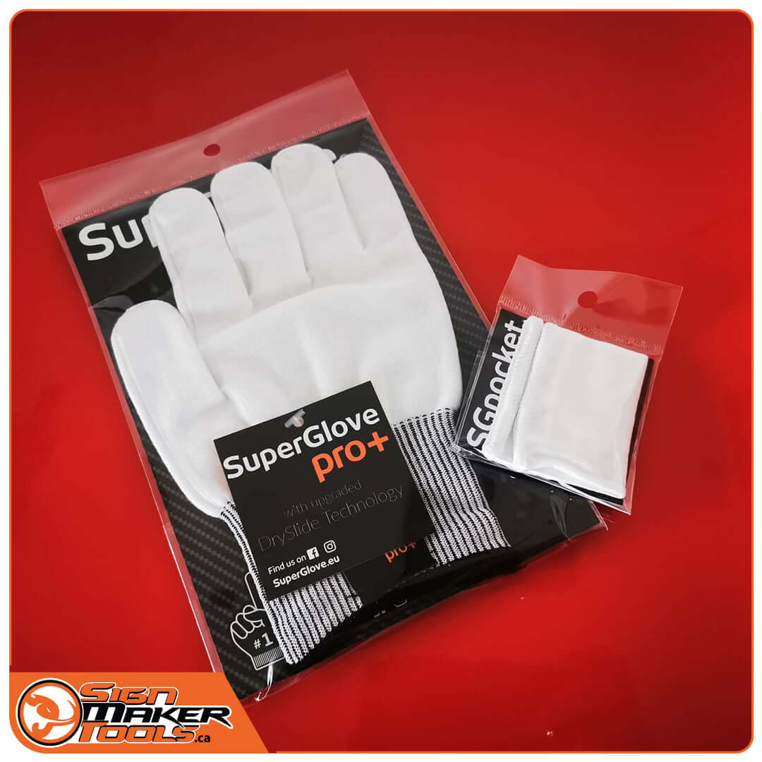 SuperGlove PRO+ glove and SGpocket sleeve packaging on red background