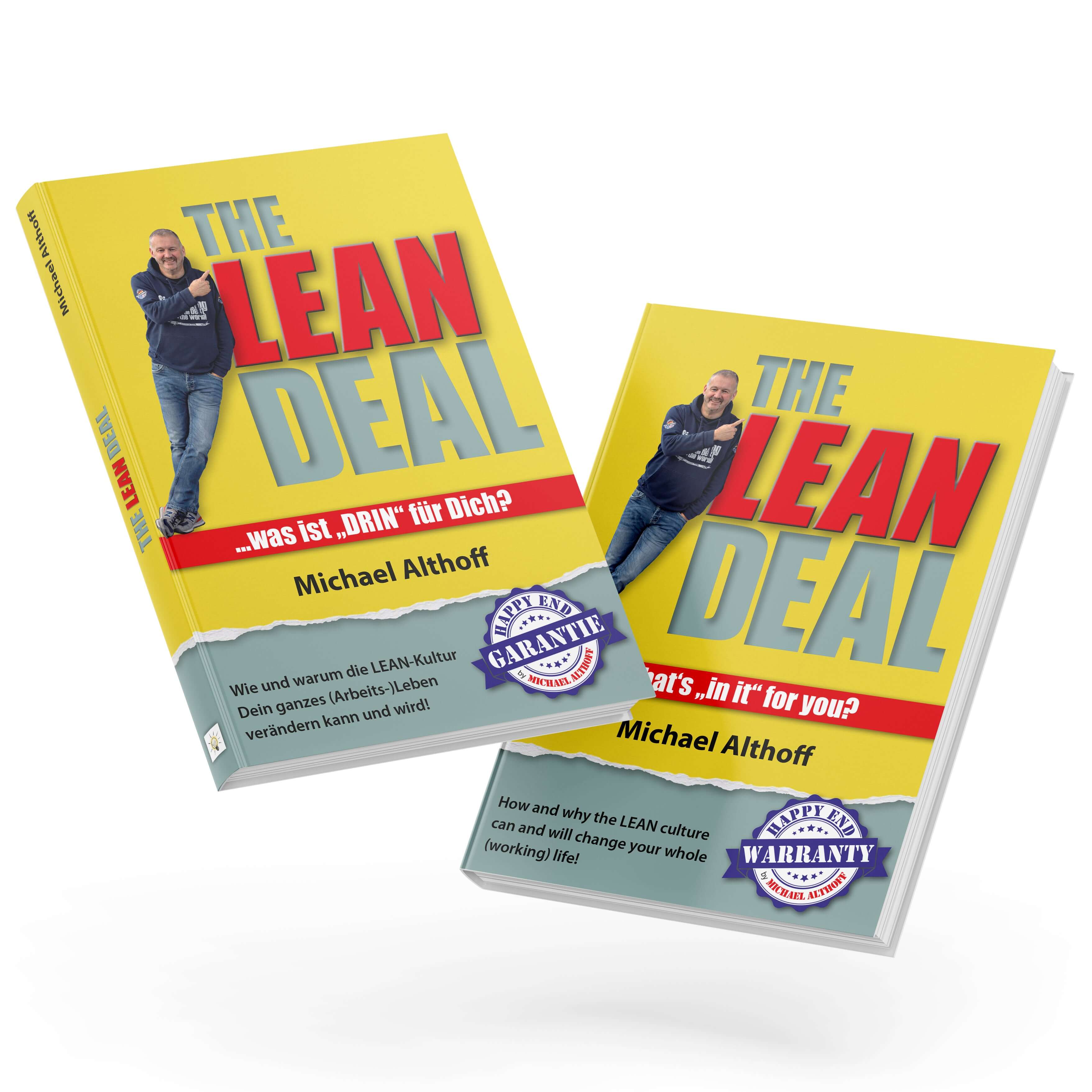The Lean Deal book covers by Michael Althoff in German and English, featuring a smiling author and bold yellow design