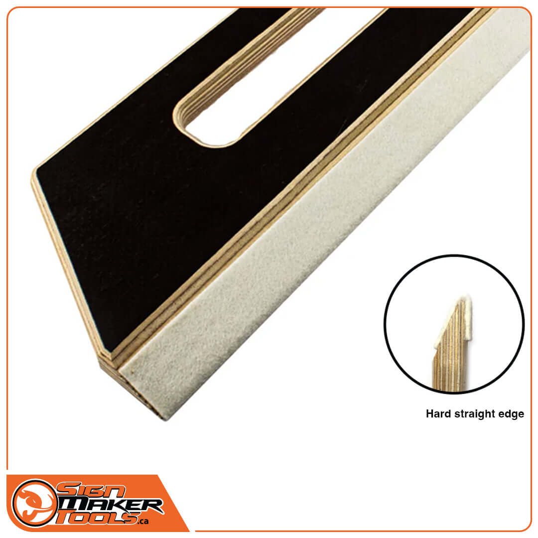 Close-up of TimberMaxx wooden squeegee showing felt edge and hard straight edge detail