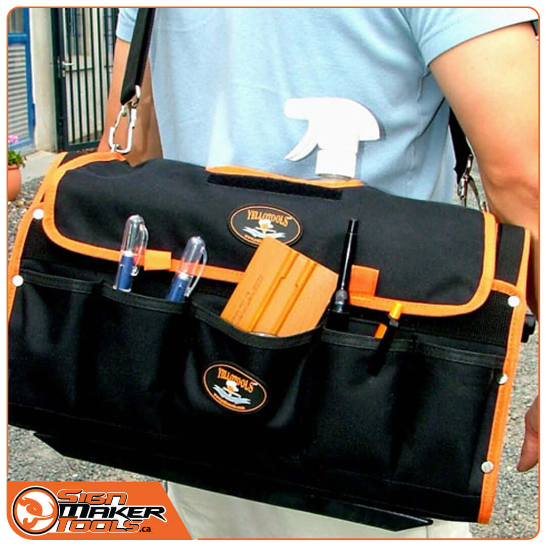 Sign Maker Pro Tool Bag in action, filled with sign-making tools and strap in use