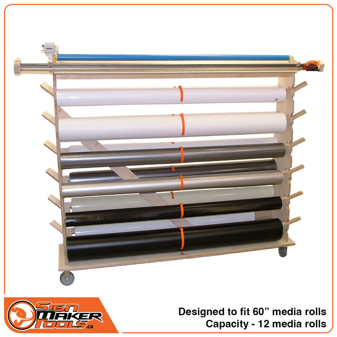 TreeMAXX EasyReach PRO vinyl storage rack holding 12 large media rolls with cutter bar