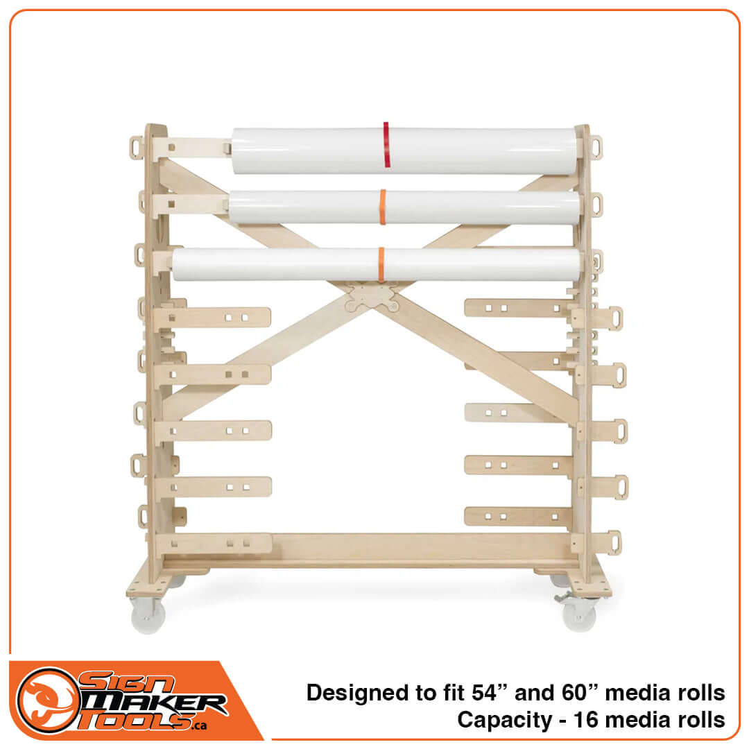 Treemaxx Flexi wooden vinyl roll rack holding three white media rolls, capacity for sixteen 54 to 60 inch rolls