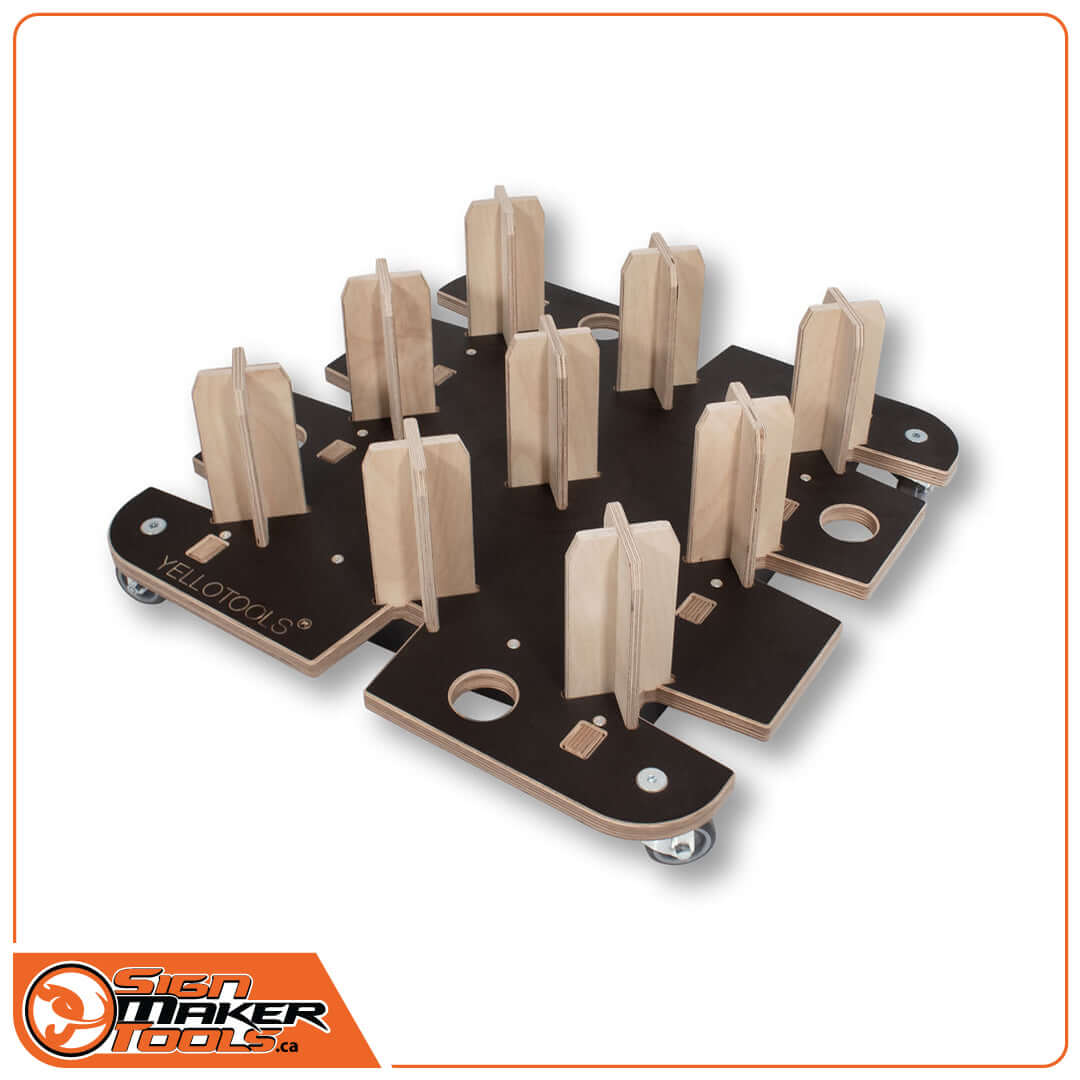 Twister Slot mobile film roll holder with wooden construction for up to 9 rolls