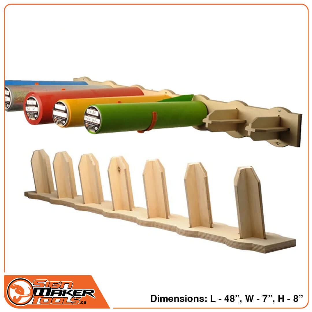 Horizontal Twister Stripes vinyl wall rack holding colorful vinyl rolls, with wooden construction on display
