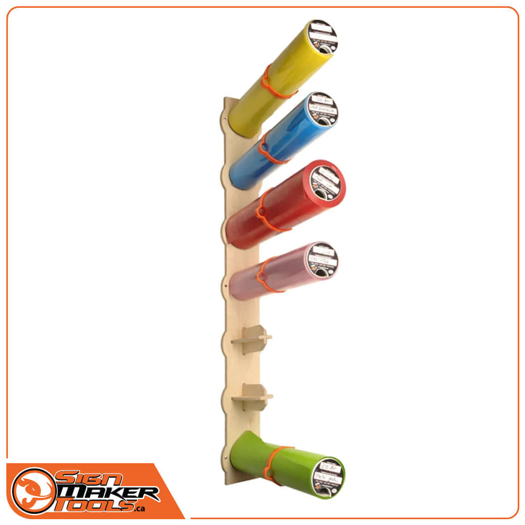 Vertical Twister Stripes vinyl wall rack mounted on the wall, storing multiple colored vinyl rolls