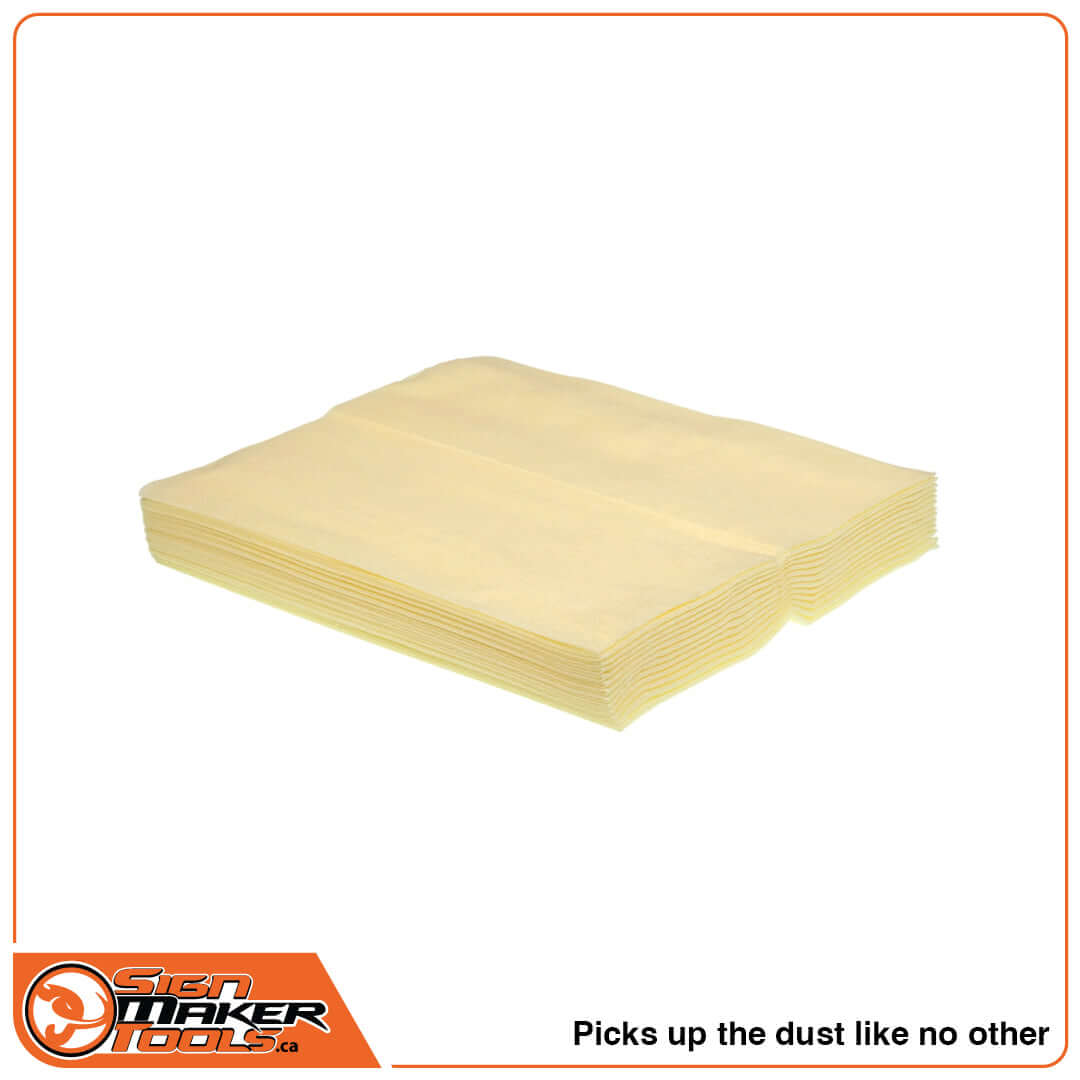 Stack of unfolded YelloDusty dust-removal cloths for sign makers