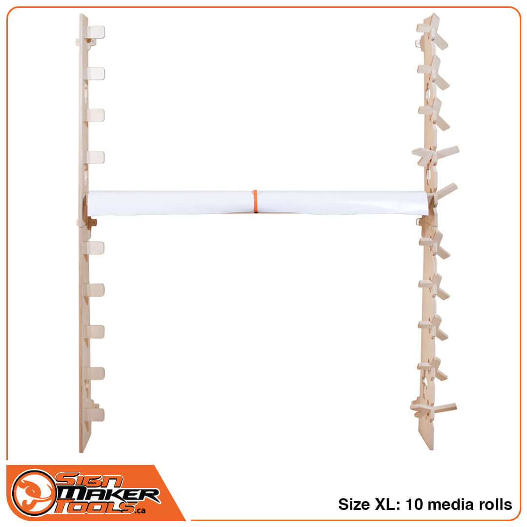 WallRack EasyReach wall-mounted rack XL size with a media roll for organizing up to 10 rolls