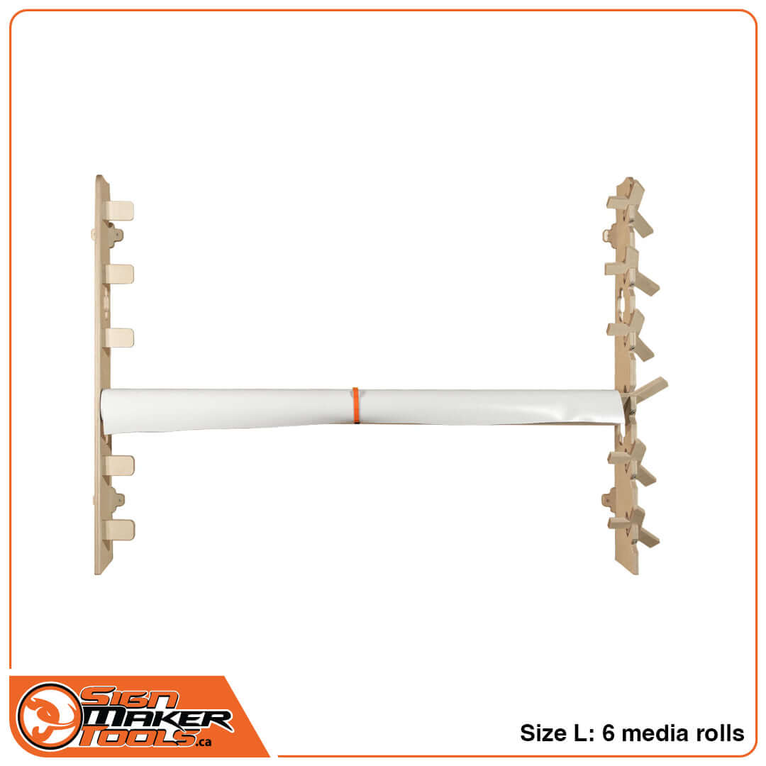WallRack EasyReach wall rack L size shown mounted with a media roll, fits up to 6 rolls