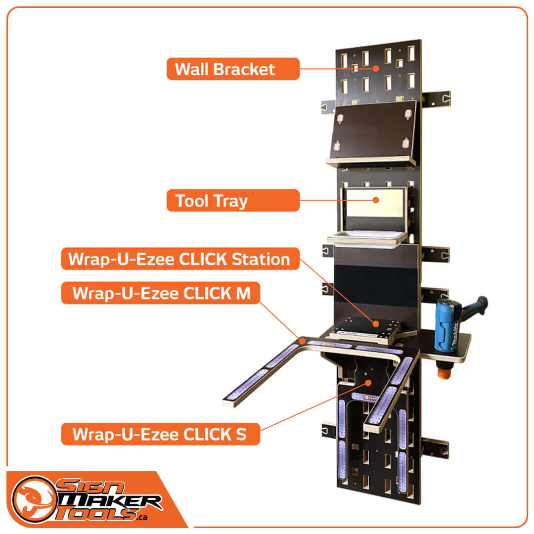 Wrap-U-Ezee CLICK Station wall mount system showing labeled components including wall bracket, tool tray, and wrap aids