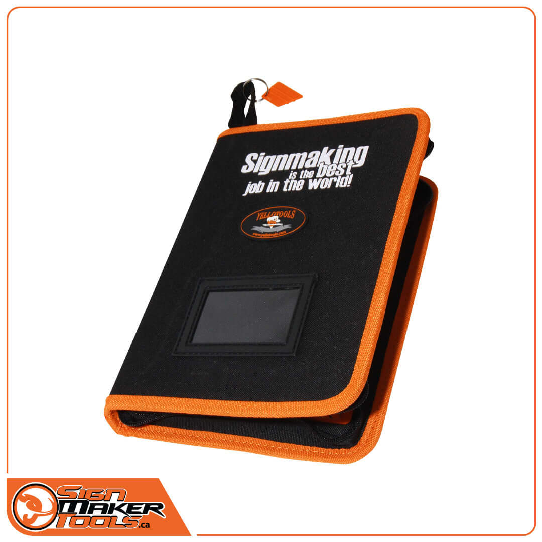 YelloCase Pro Tool Organizer closed with bold orange trim and SignMaker Tools logo