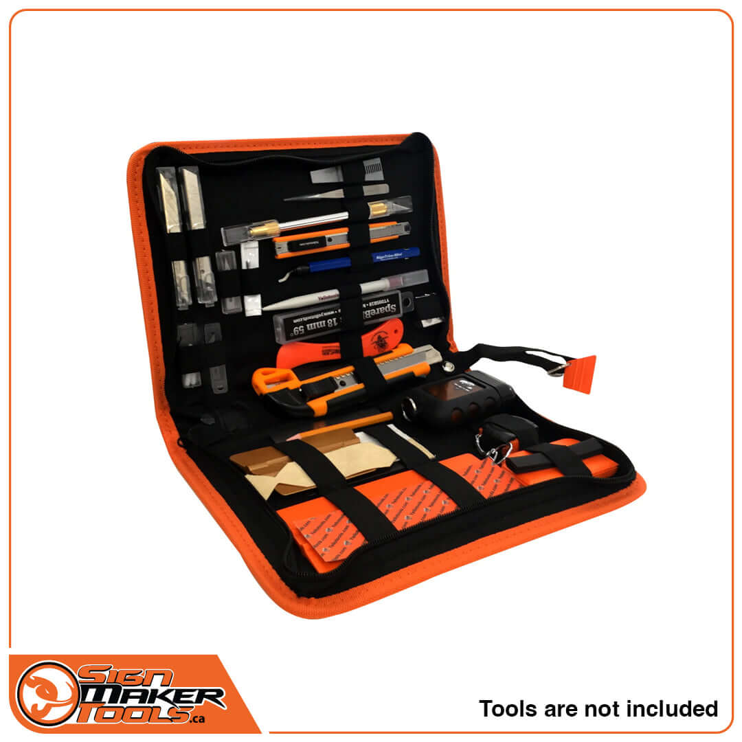 YelloCase Pro Tool Organizer open showing multiple tool partitions, business card tray, and compartments