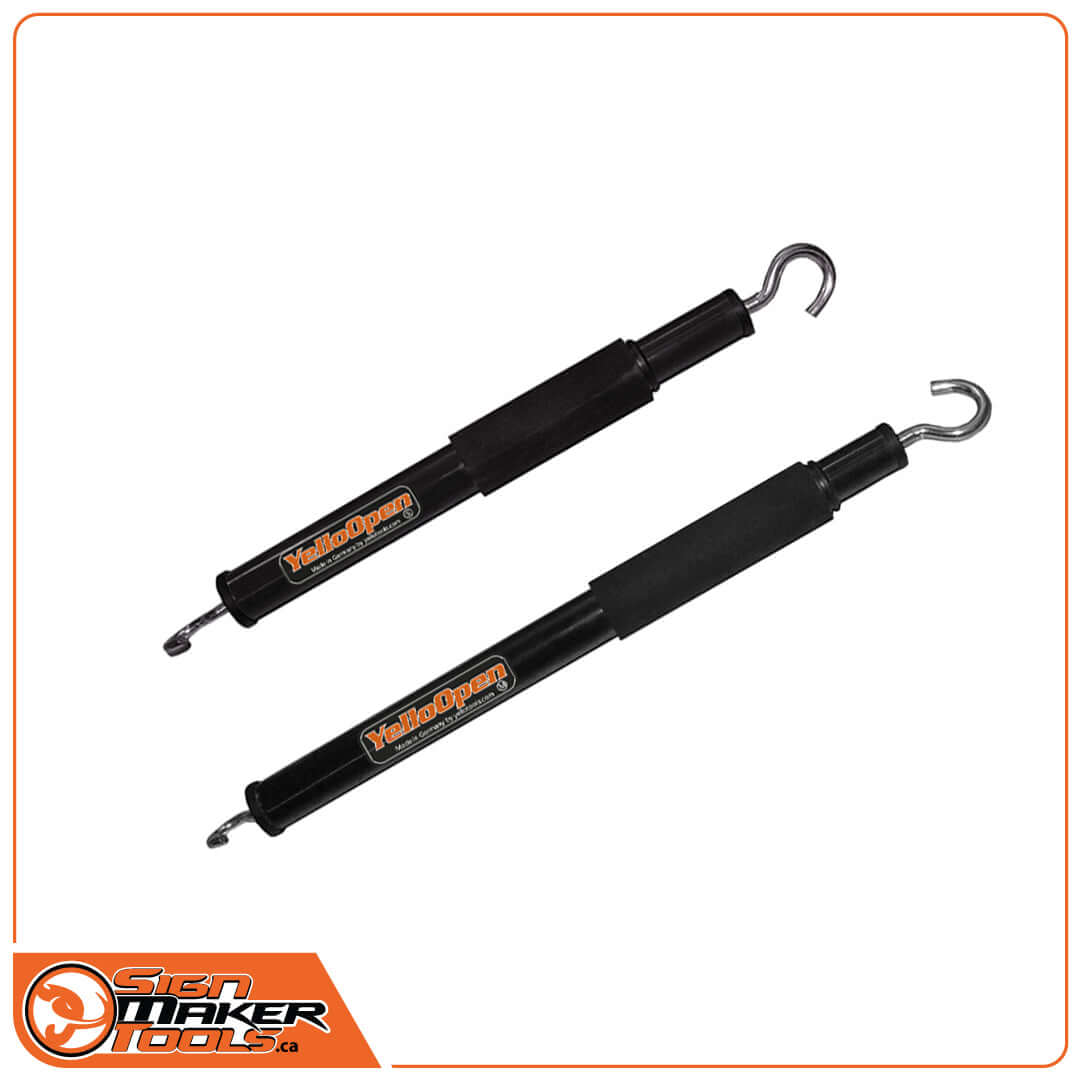 Two YelloOpen hood and trunk prop tools with black handles and hooks