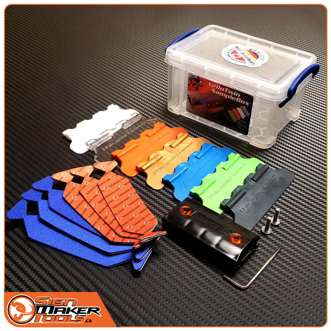 Complete YelloTwin SampleBox kit with all squeegee tips, handles, and accessories displayed