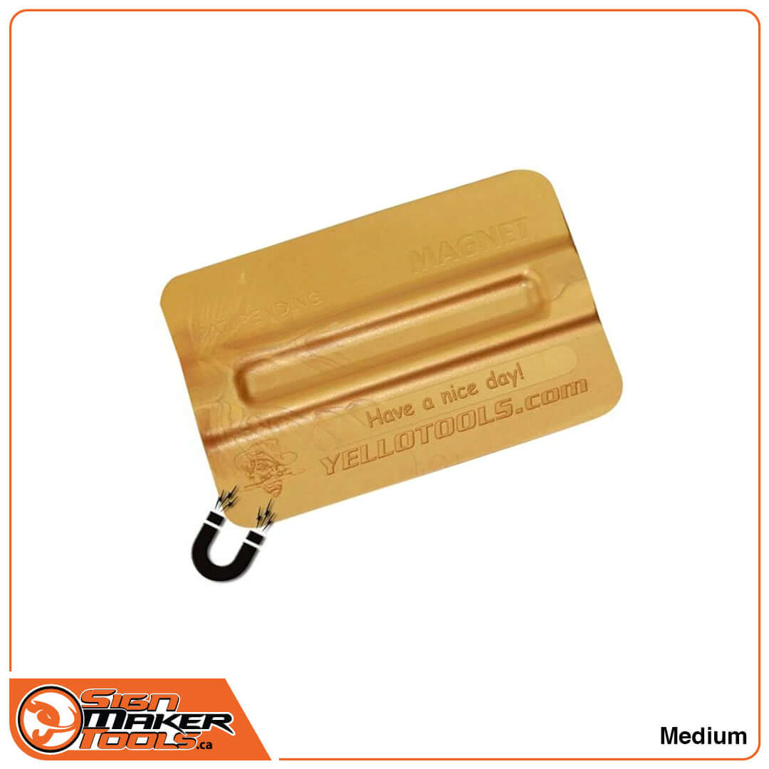 Yellotools TonnyMag magnetic squeegee in medium hardness with golden color, featuring embossed branding