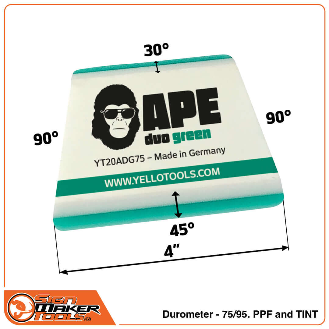 APE Duo Green squeegee with measurements and edge angles for PPF and tint installation
