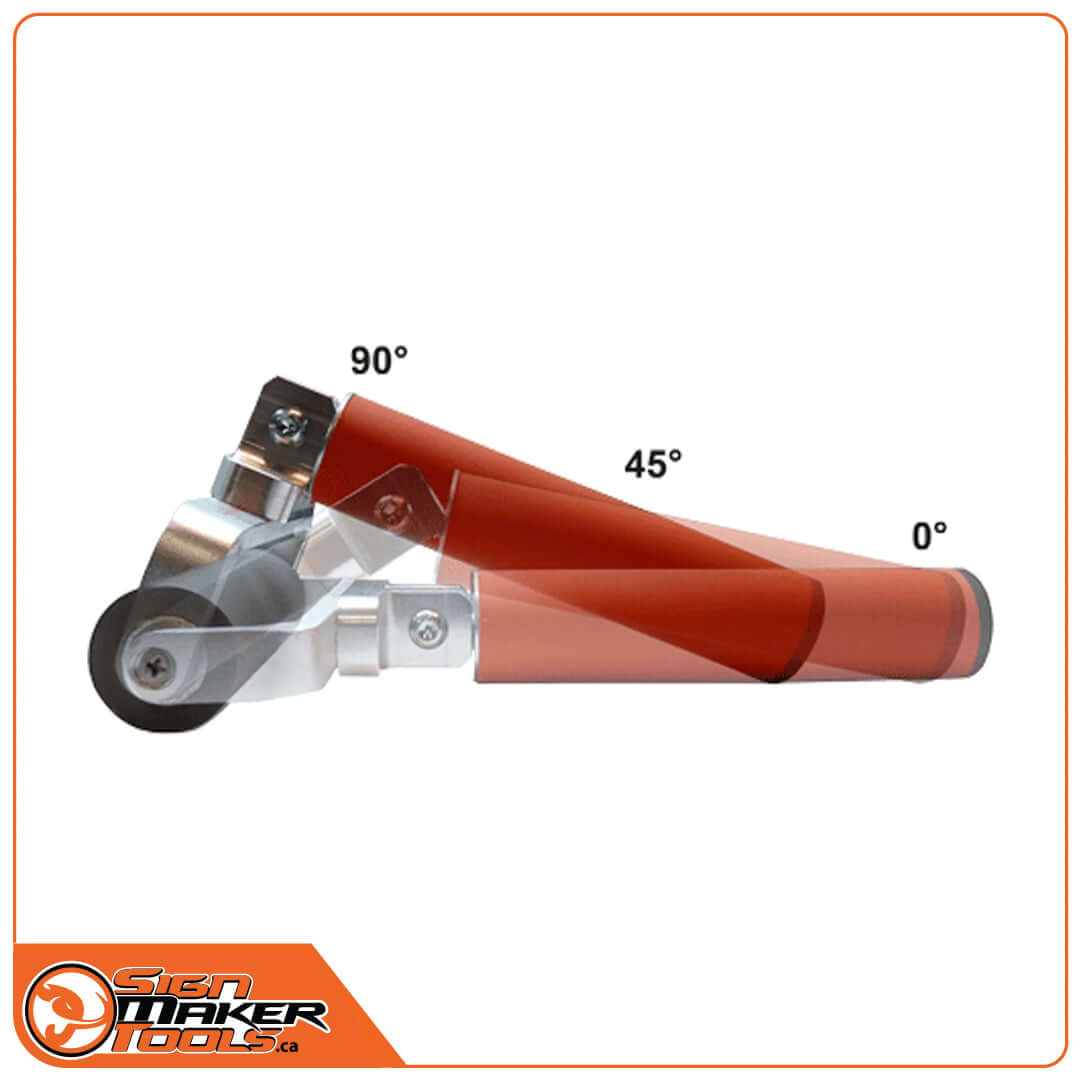 Side view showing handle adjustability of the application roller at 0, 45, and 90 degrees