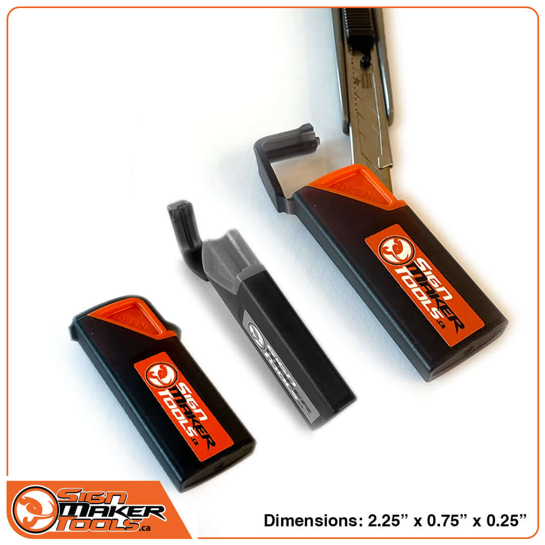 Three snap-off blade boxes shown in use with a utility knife, demonstrating safe blade breaking and storage