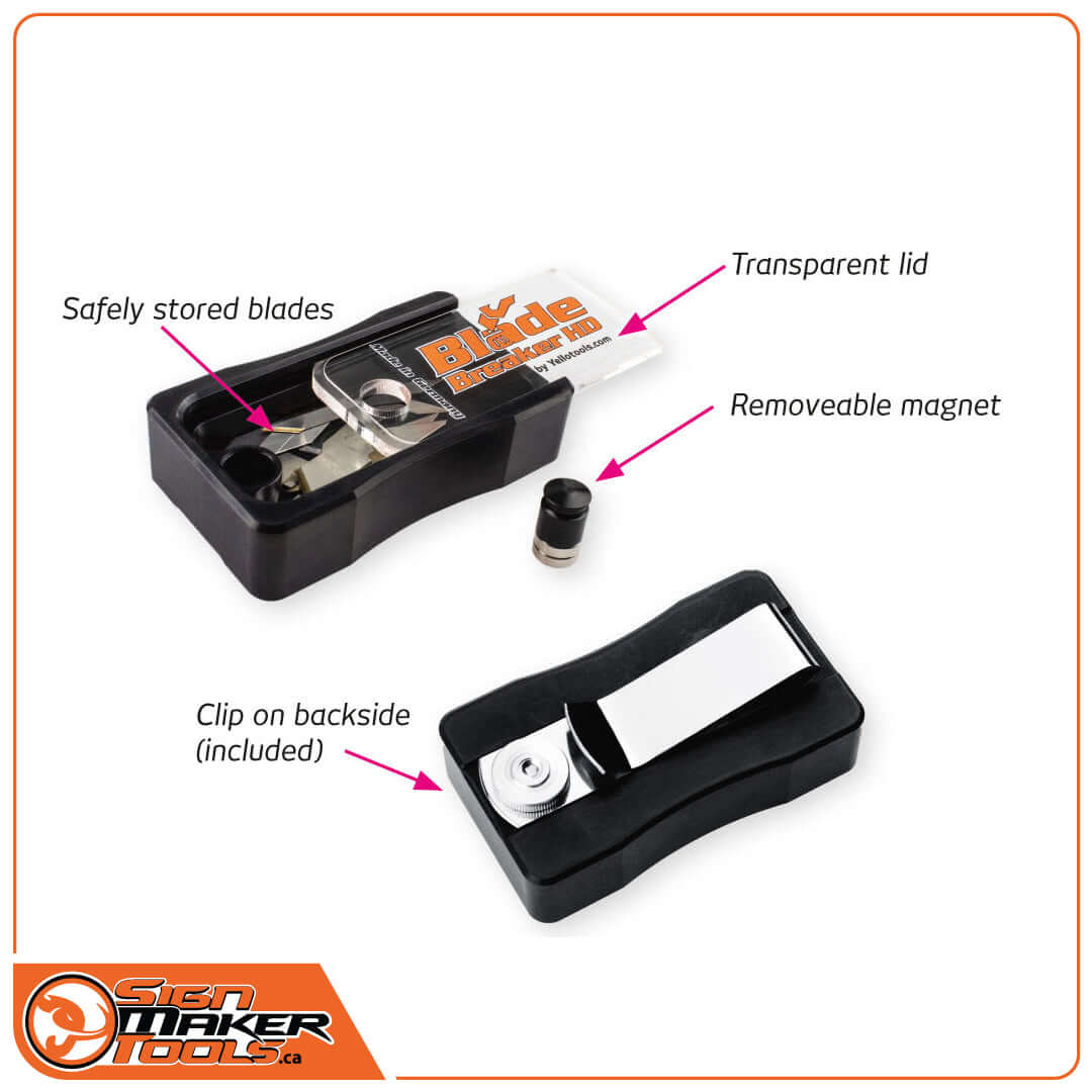 Blade Breaker HD features labeled: safely stored blades, transparent lid, removable magnet, and belt clip
