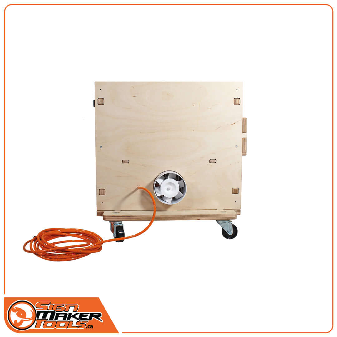 Back view of BoostBox Bucket featuring exhaust fan and orange power cable