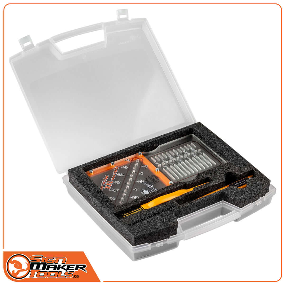 Open storage case with Hole 'n' Cut XXL Eco template and marking tools