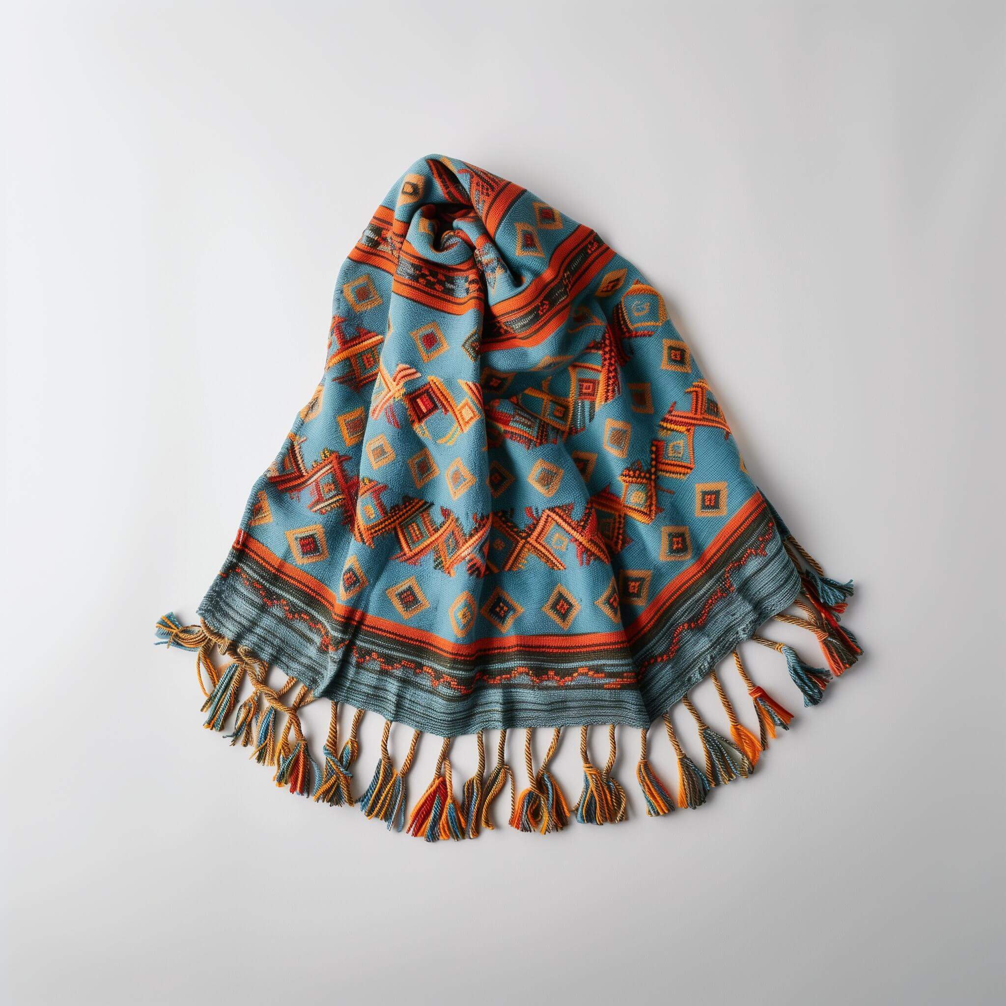 Colorful geometric patterned throw blanket with fringed edges on a white background