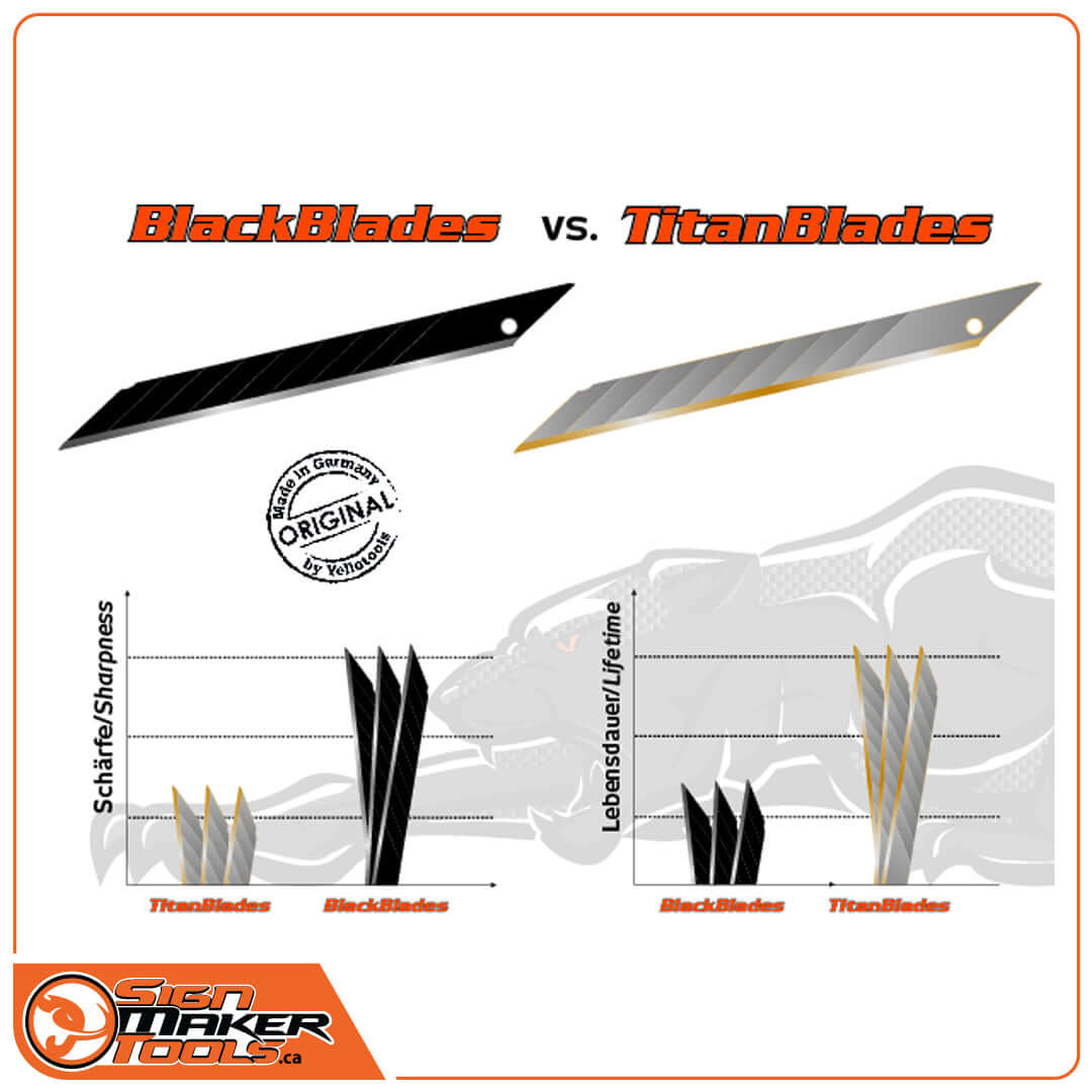 BlackBlades vs TitanBlades infographic comparing sharpness, lifetime, and blade design