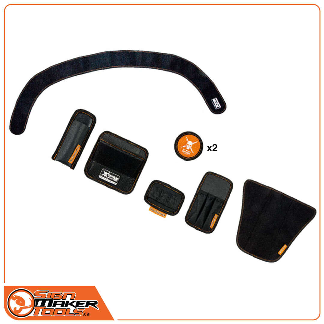 All components of the YelloGear Pro Installer Tool Belt Set laid out for assembly