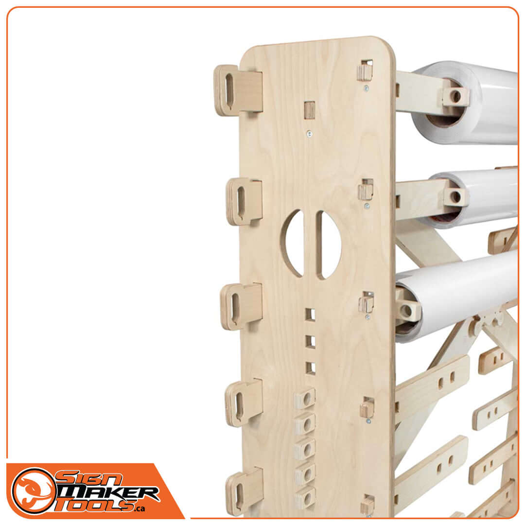 Close-up of Treemaxx Flexi rack with detailed wooden construction and filled with vinyl rolls