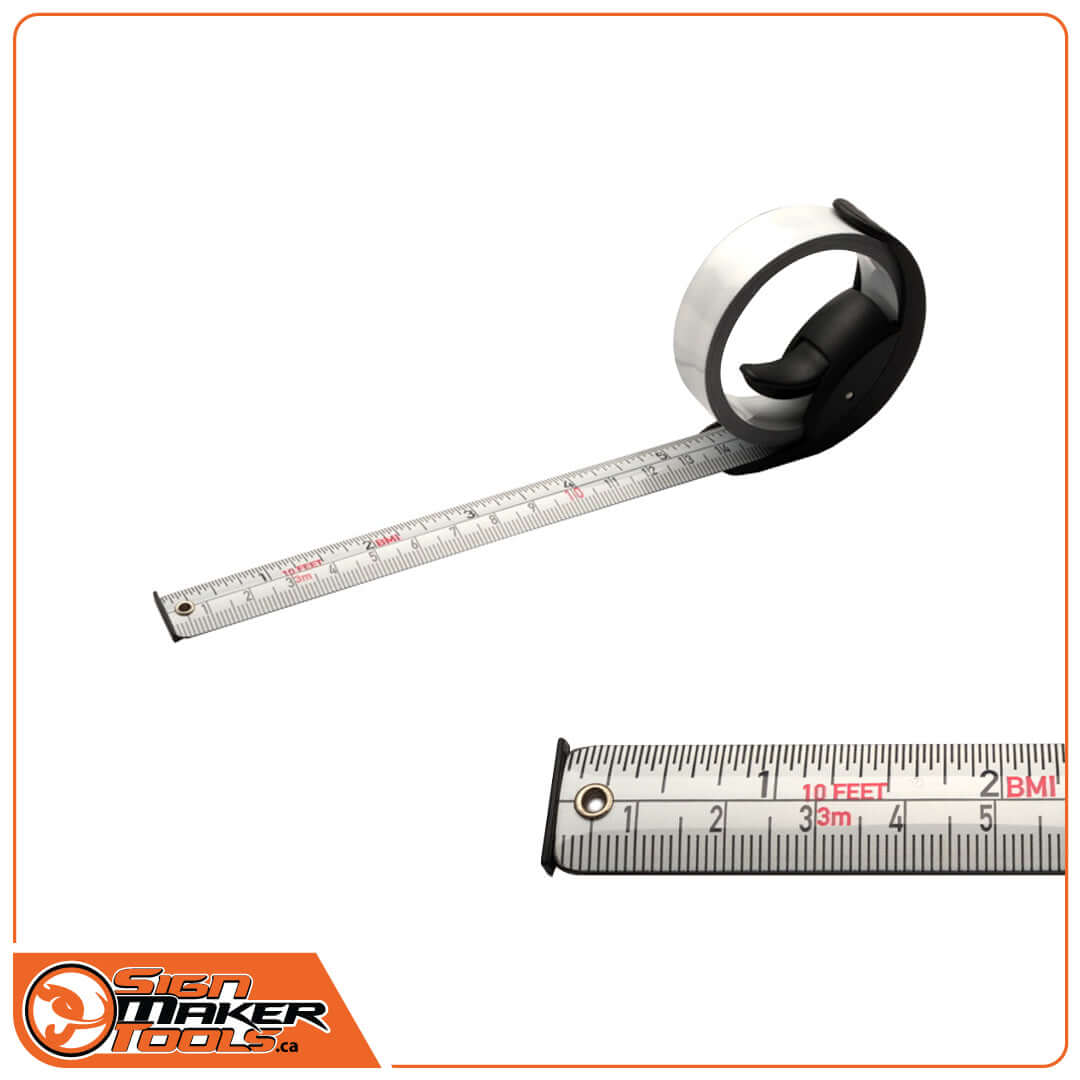 FixxSignScale flat steel tape measure with clear metric and imperial markings
